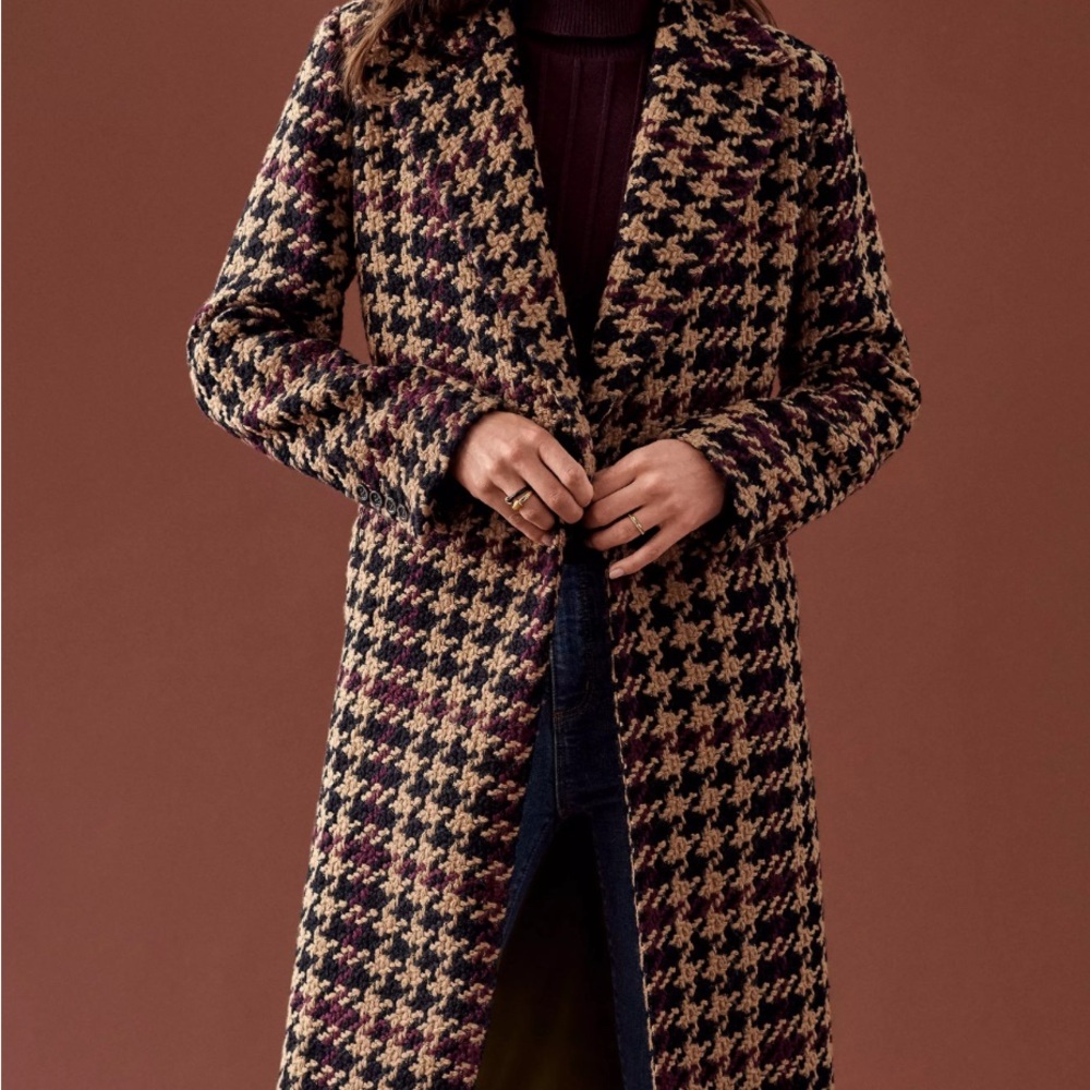 Ann Taylor Houndstooth Trench Coat in Black and Tan